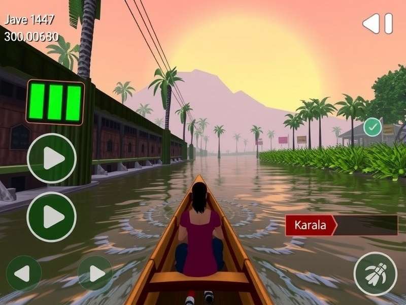 Backwaters Paradise Quest gameplay screenshot showing boat navigation through Kerala backwaters
